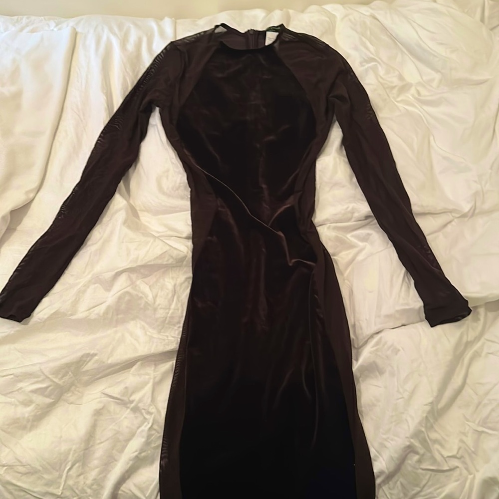 Sexy “Naked wardrobe” sheer on both sides of body brown velvet maxi dress.